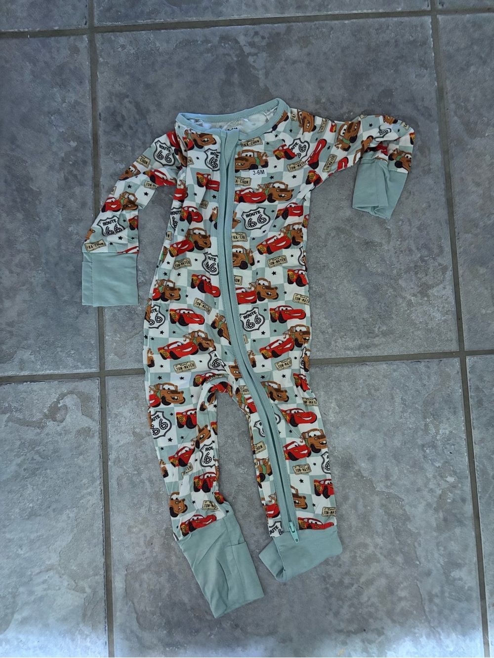 BAMBOO Light Aqua Cars Print Footed Pajamas with Red and Brown Cars